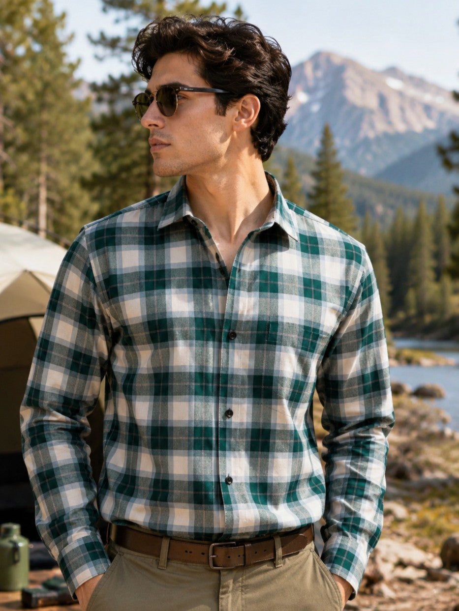 SQUARE GREEN CHECKED COTTON CASUAL SHIRT FOR MEN'S