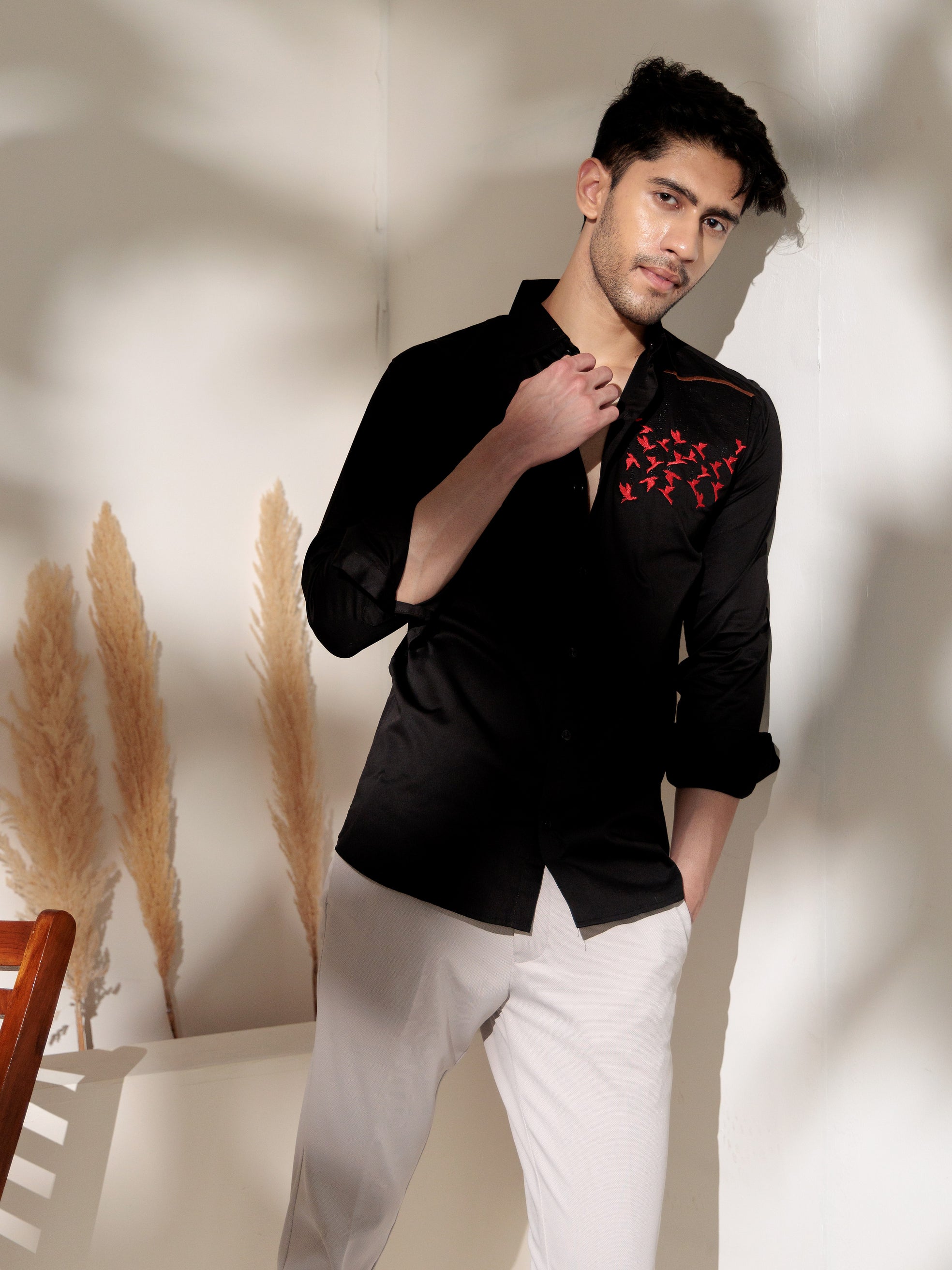 FOOMER BLACK EMBROIDERED DESIGNER WEAR SATIN COTTON SHIRT FOR MEN