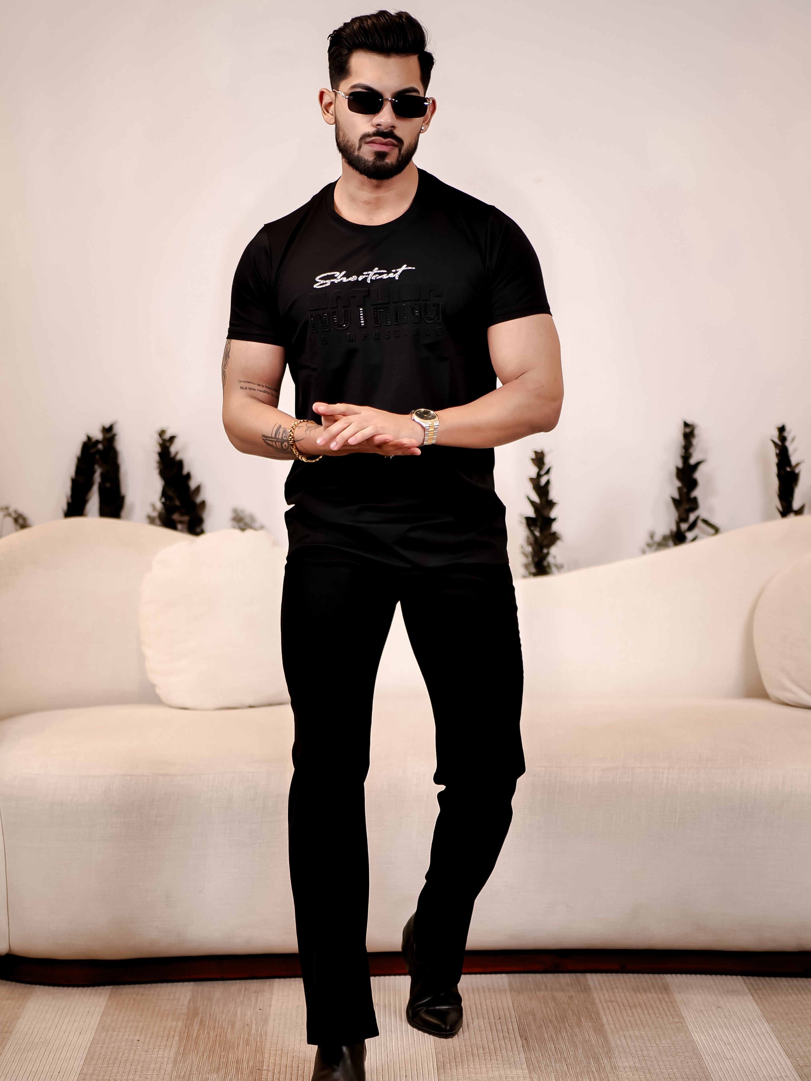 Black Round Neck Imported Cotton Half Sleeve Premium Designer T-Shirt