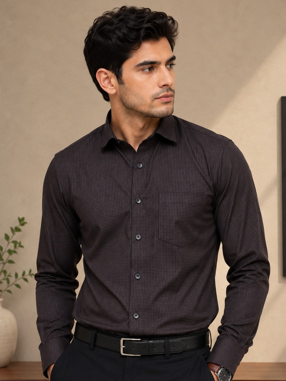 FOOMER DARK GREY MINI CHECKED COTTON CASUAL SHIRT FOR MEN'S