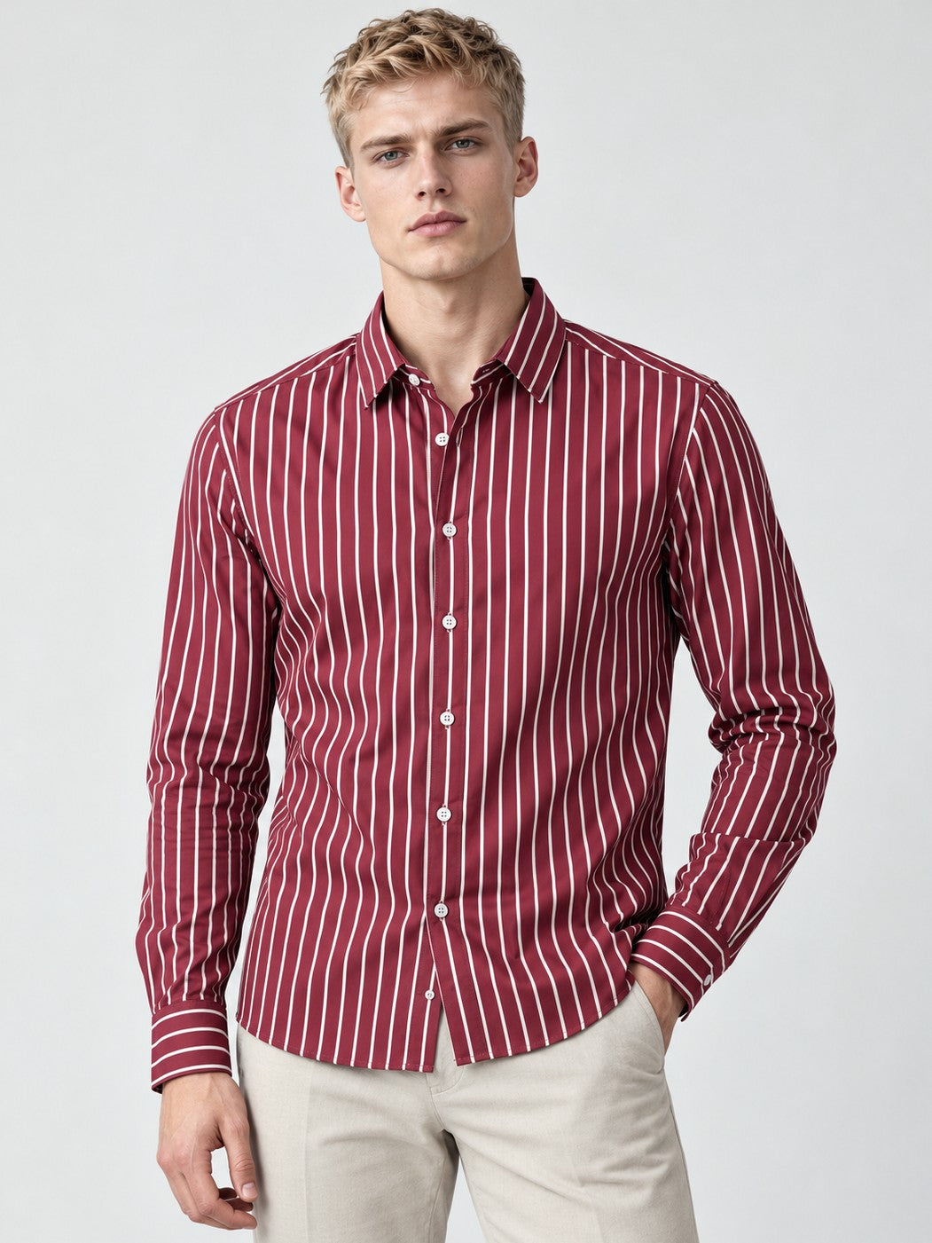 Men Classic Maroon Striped Formal, Casual Wear Shirt