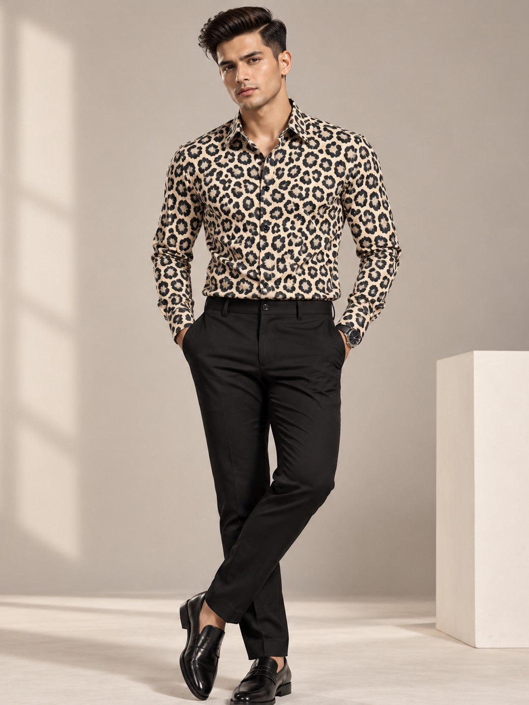 Men's Animal Print Leopard beige Casual and Formal Shirt