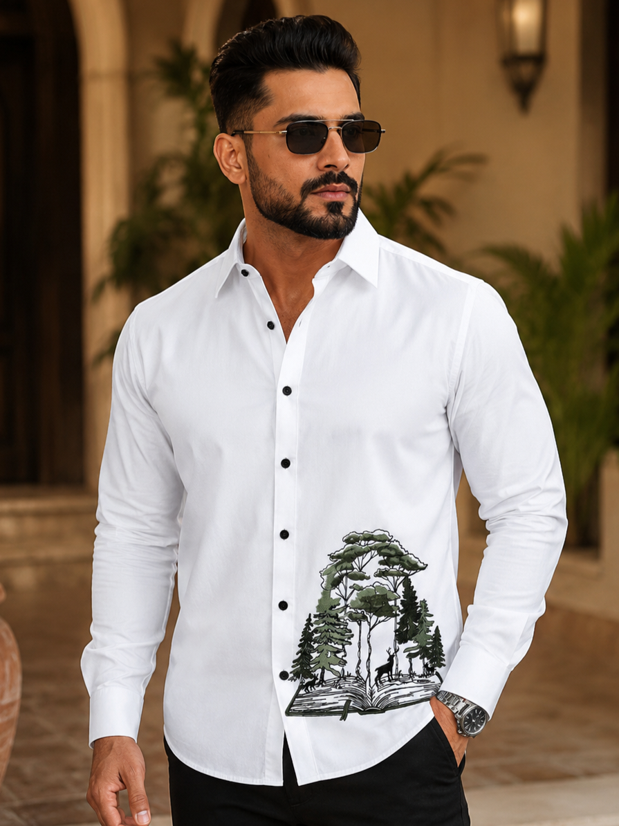WHITE EMBROIDERED DESIGNER SATIN COTTON SHIRT MEN'S