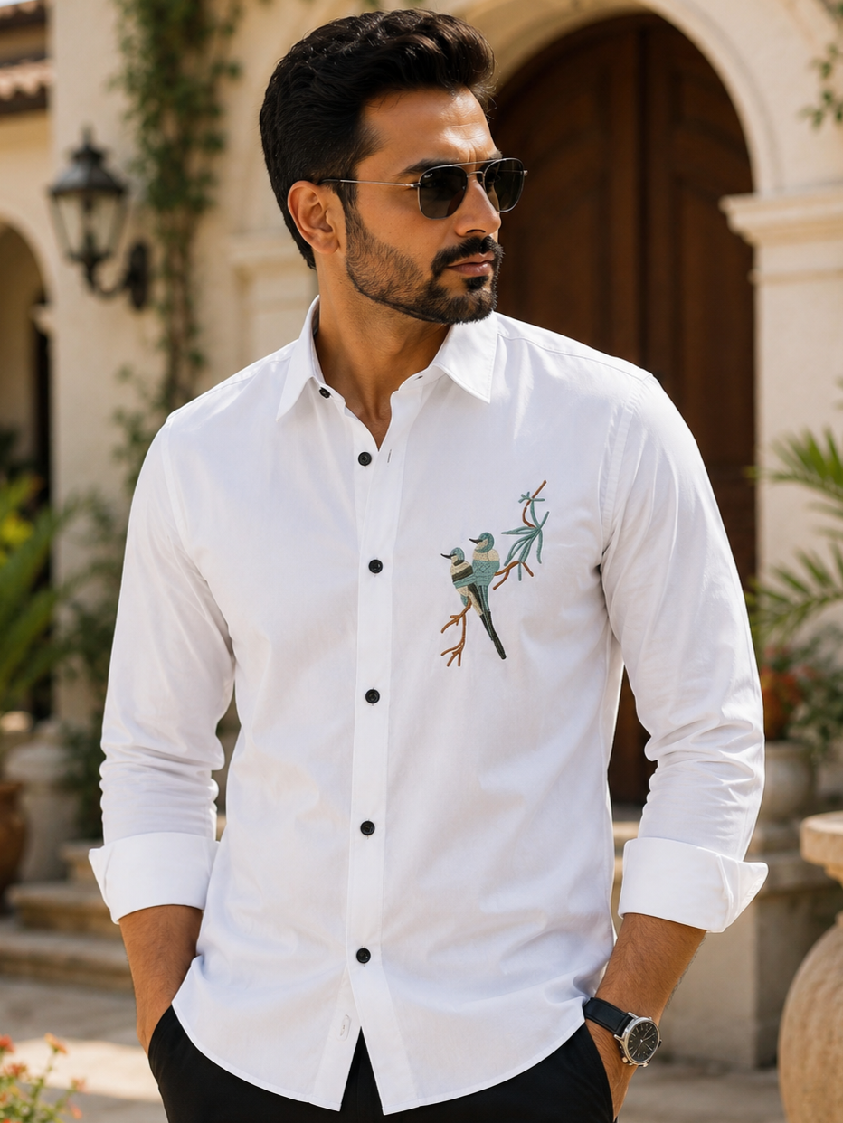 WHITE EMBROIDERED DESIGNER SATIN COTTON SHIRT MEN'S