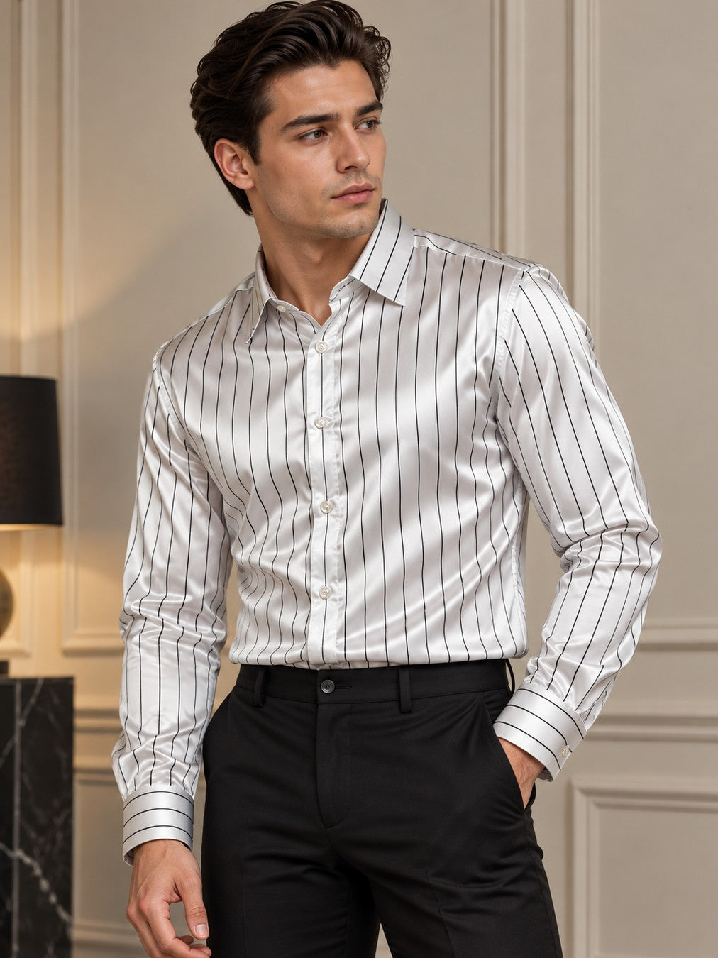 Men White Formal and Party Striped Shirt