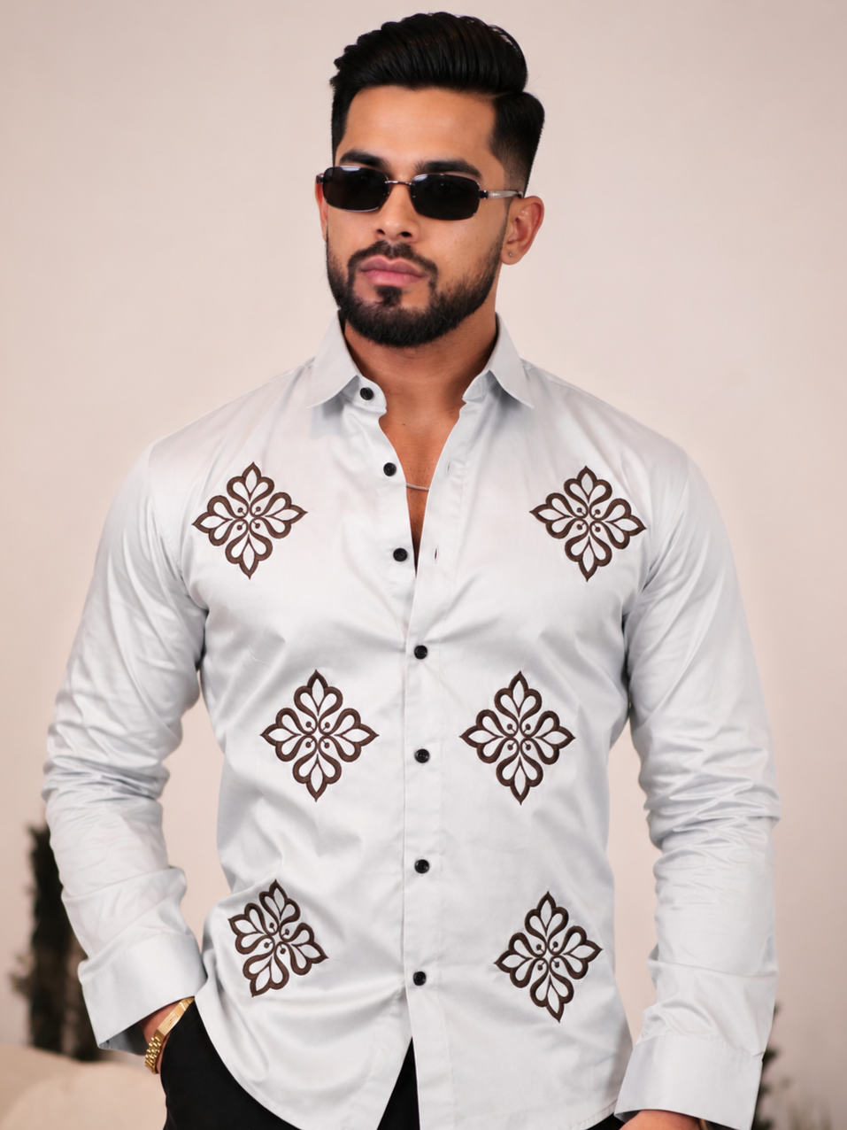 GREY EMBROIDERED DESIGNER SATIN COTTON SHIRT MEN'S