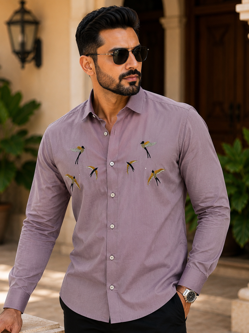 MAGENTO BIRDS EMBROIDERED DESIGNER SATIN COTTON SHIRT MEN'S