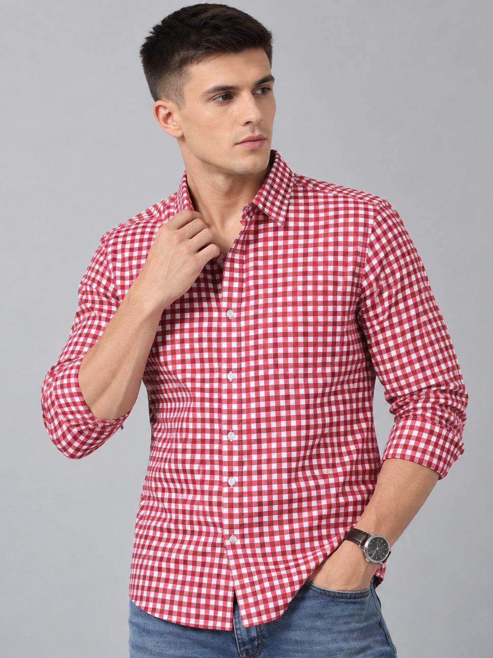Men Premium Maroon Regular Fit Checked Formal, Casual Shirt