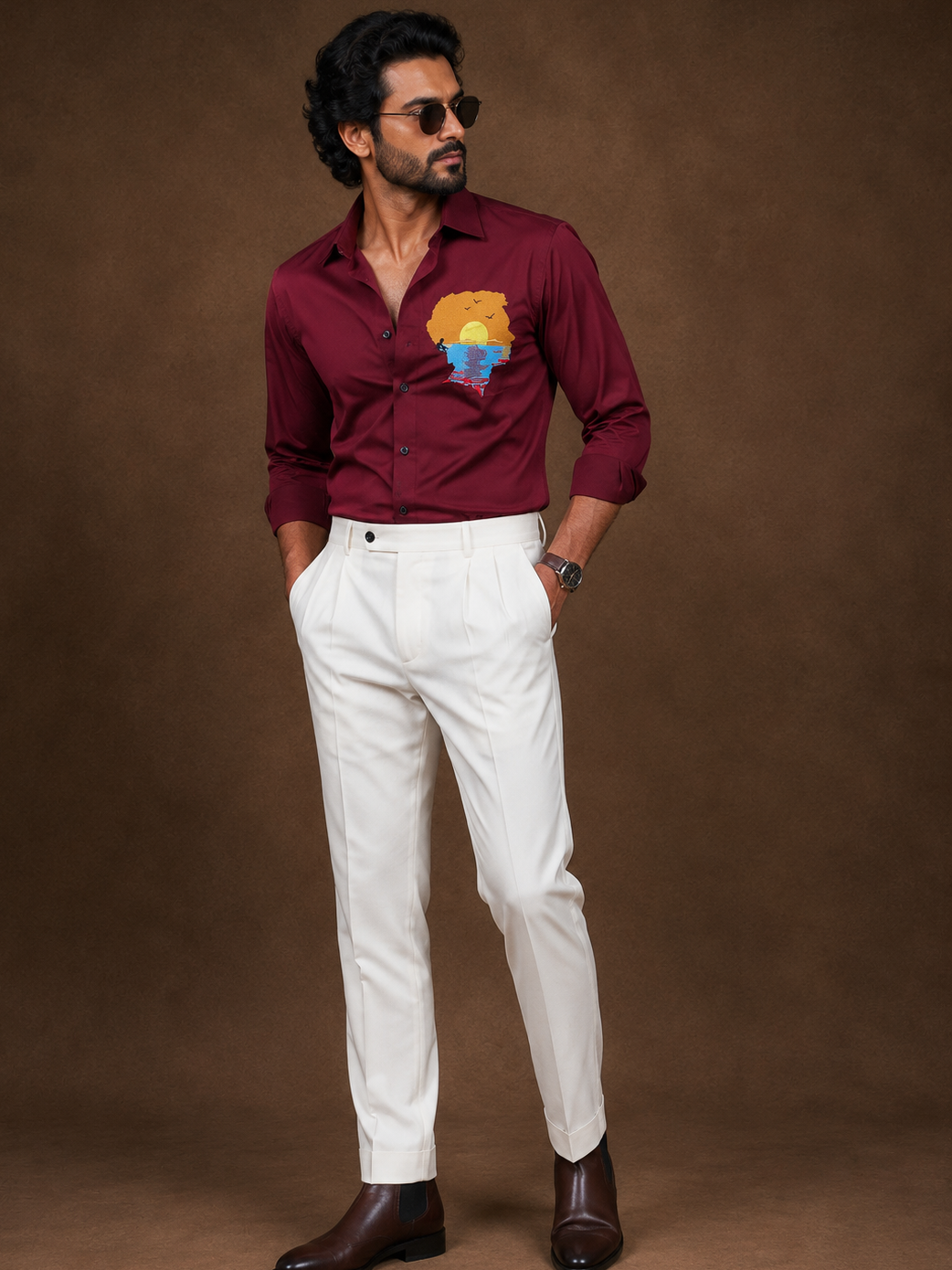 MAROON EMBROIDERED DESIGNER SATIN COTTON SHIRT MEN'S