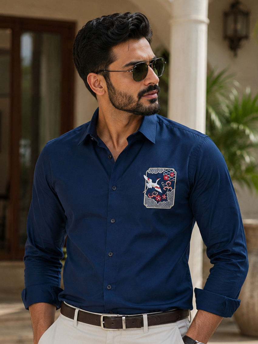 NAVY BLUE EMBROIDERED DESIGNER SATIN COTTON SHIRT MEN'S