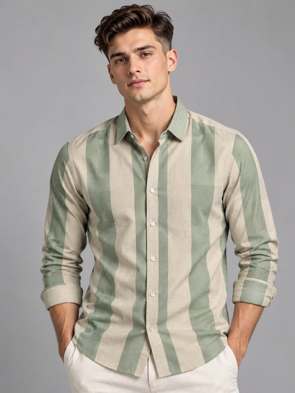 Men's Green Big Striped Formal, Casual Shirt
