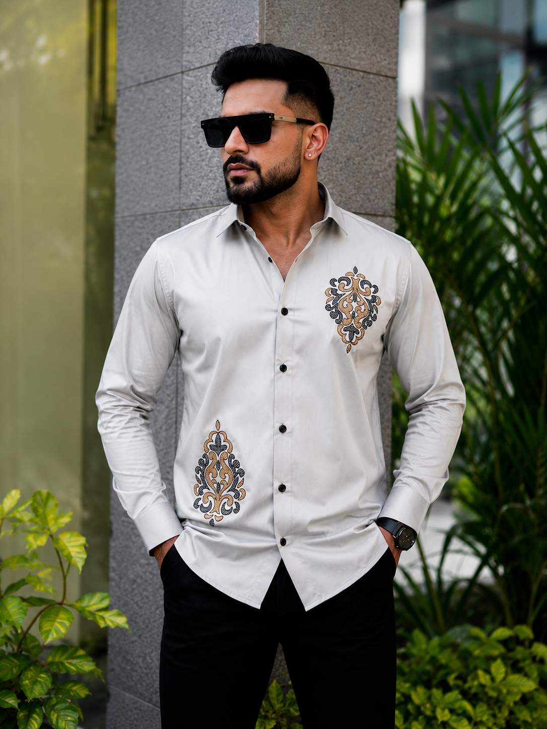 GREY TRADITIONAL EMBROIDERED DESIGNER SATIN COTTON SHIRT MEN'S