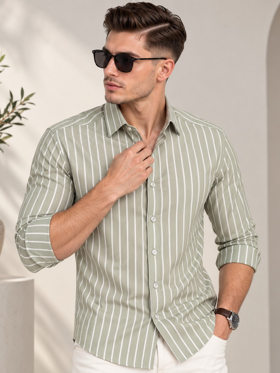 Men Classic Light Green Striped Formal, Casual Wear Shirt