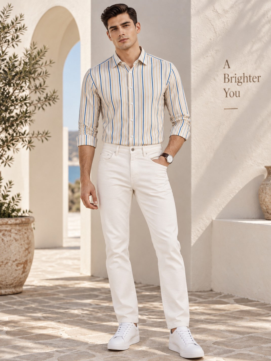 Men Classic Beige Striped Formal, Casual Wear Shirt