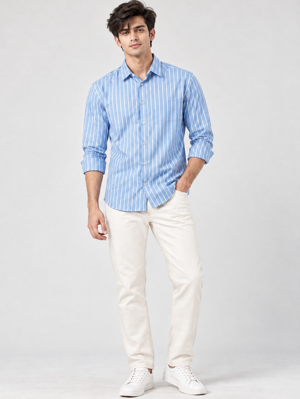 Men Classic Sky Blue Striped Formal, Casual Wear Shirt