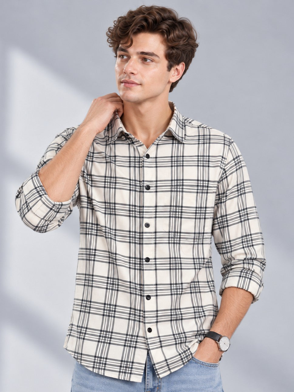 Men's Cream Checked Casual and Formal Shirt