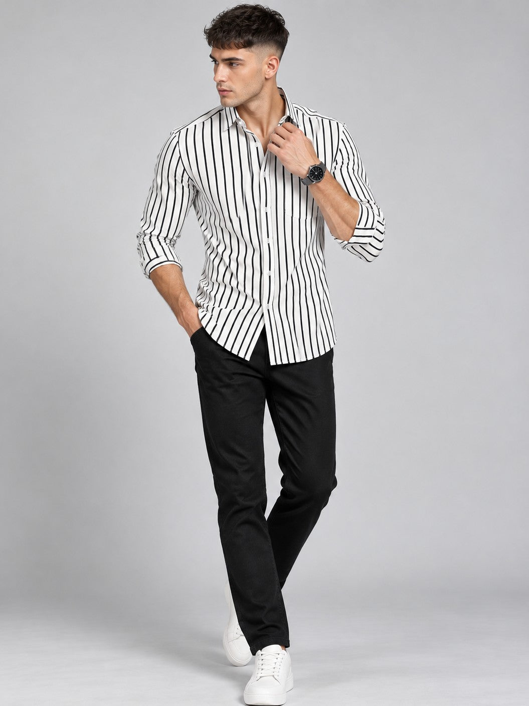 Men Classic White Striped Formal, Casual Wear Shirt
