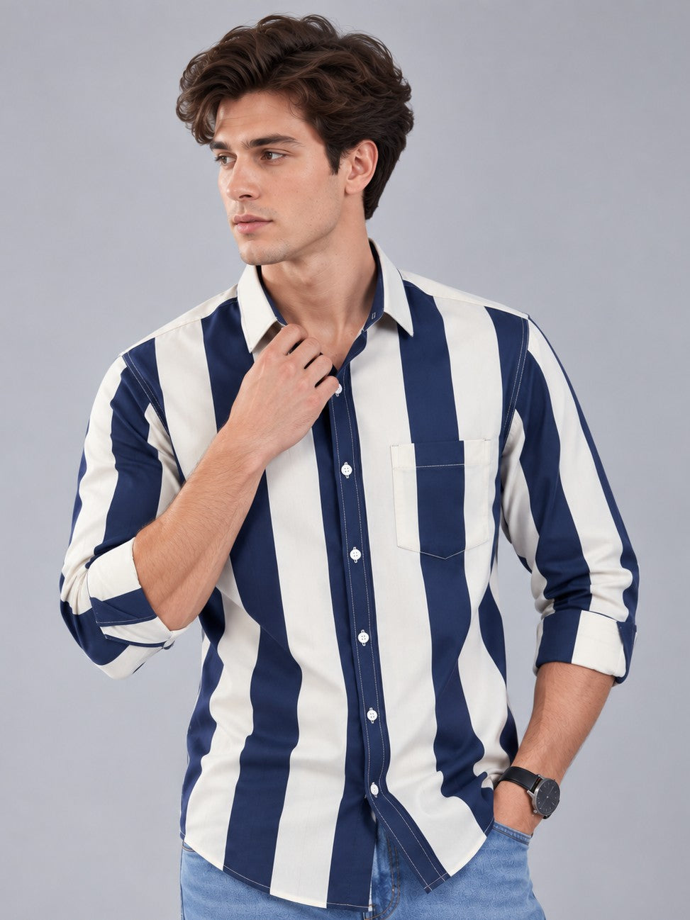 Men Navy Striped Regular Fit Formal, Casual Wear Shirt