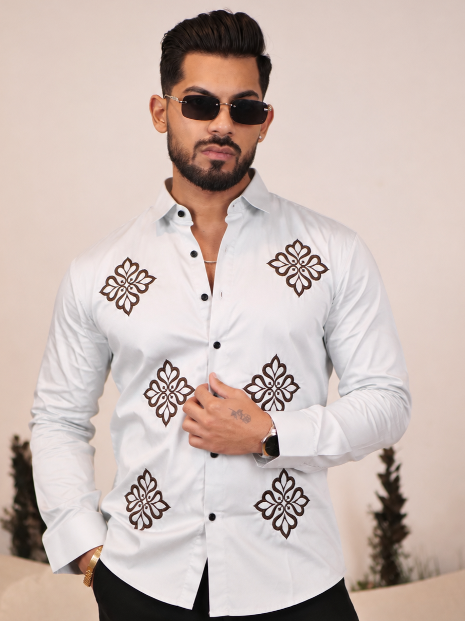 GREY EMBROIDERED DESIGNER SATIN COTTON SHIRT MEN'S