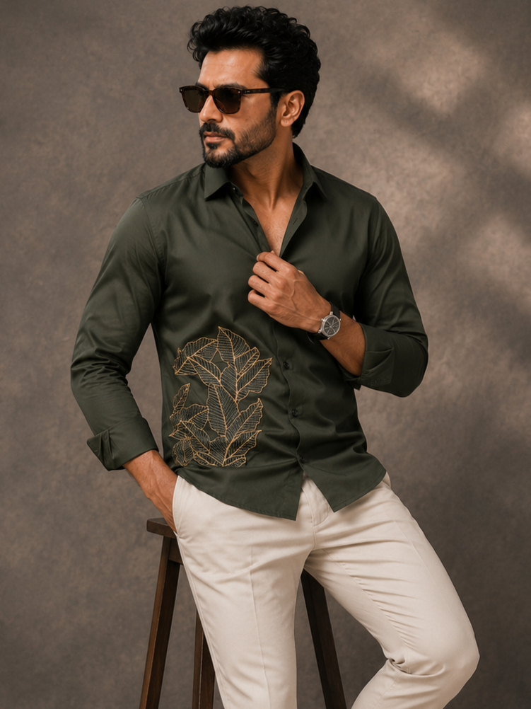 OLIVE EMBROIDERED DESIGNER SATIN COTTON SHIRT MEN'S