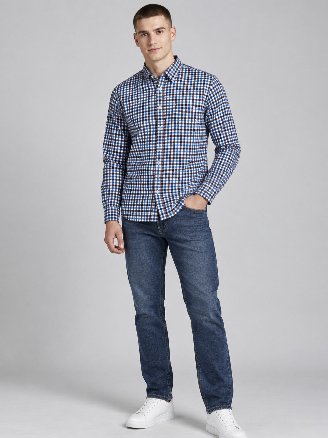 Men Premium Navy Blue Regular Fit Checked Formal, Casual Shirt