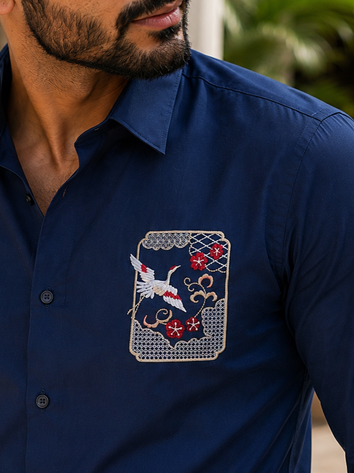 NAVY BLUE EMBROIDERED DESIGNER SATIN COTTON SHIRT MEN'S