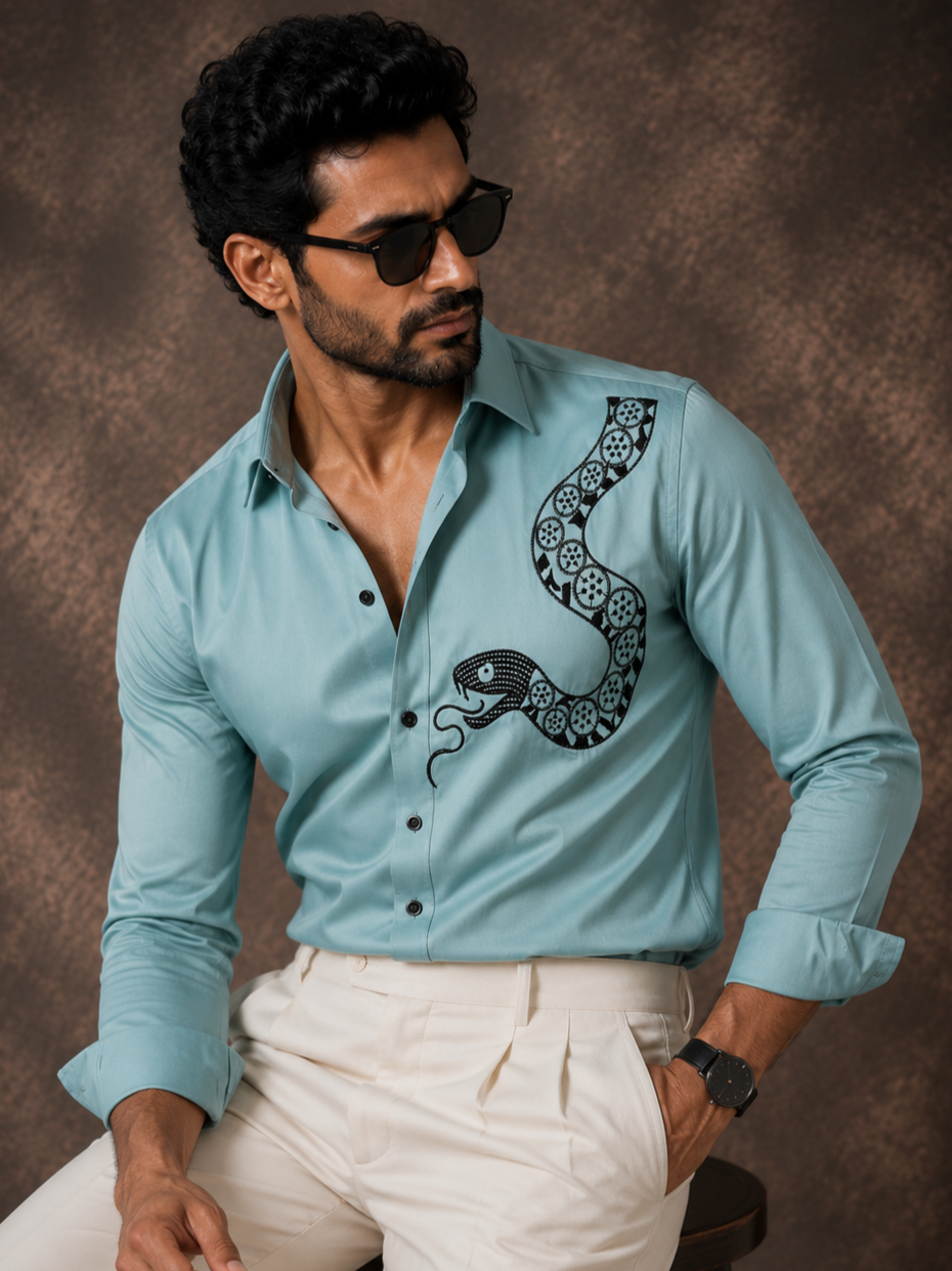 CYAN EMBROIDERED DESIGNER SATIN COTTON SHIRT MEN'S