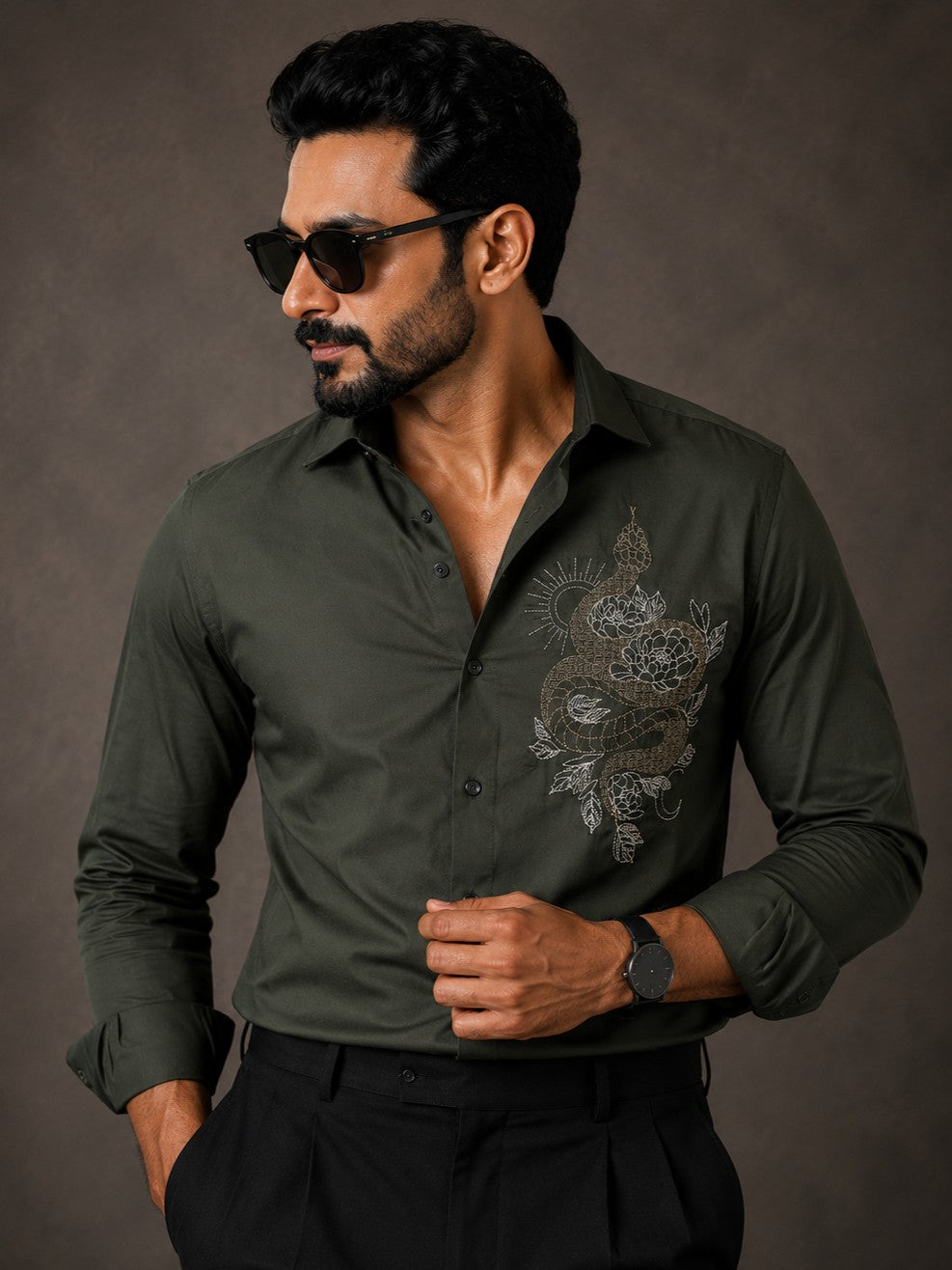 OLIVE EMBROIDERED DESIGNER SATIN COTTON SHIRT MEN'S