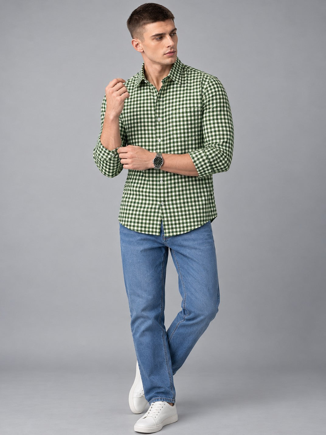Men Premium Green Regular Fit Checked Formal, Casual Shirt