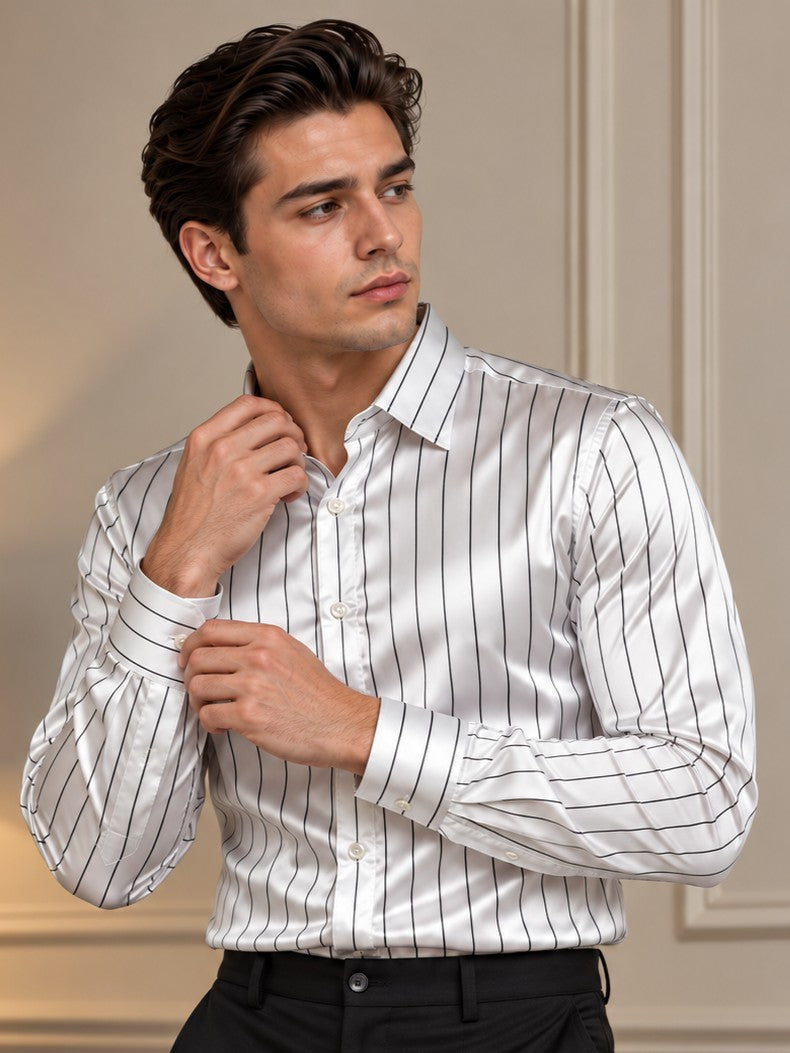 Men White Formal and Party Striped Shirt