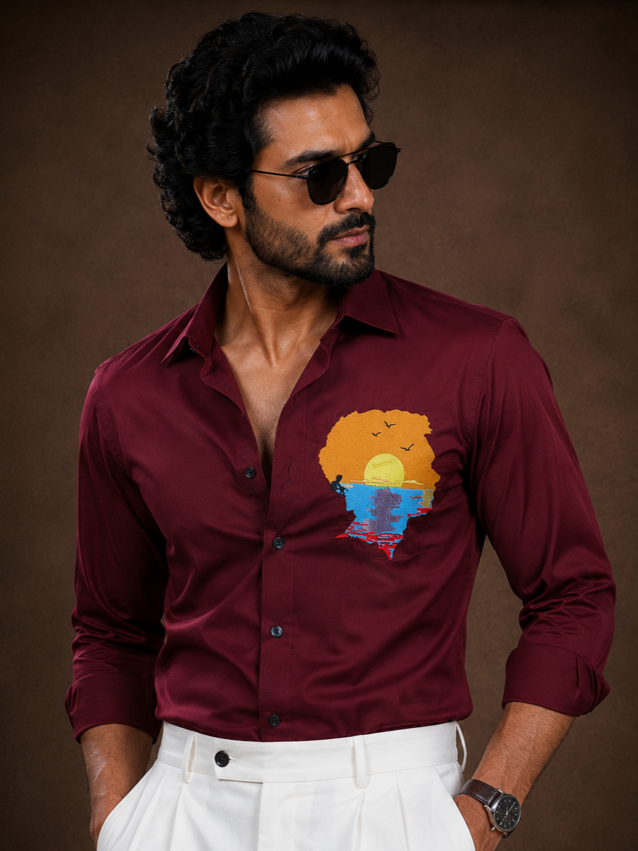 MAROON EMBROIDERED DESIGNER SATIN COTTON SHIRT MEN'S