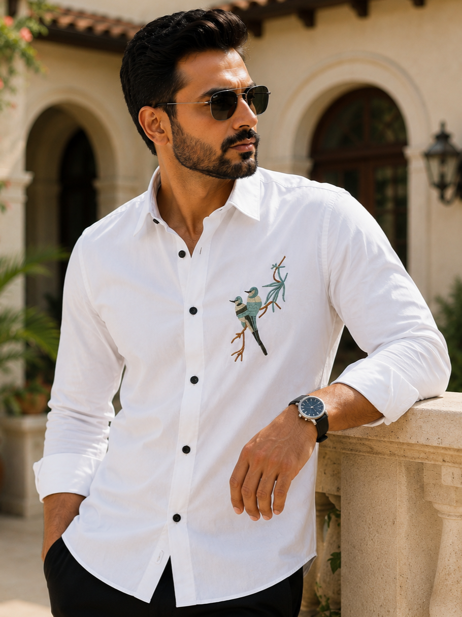 WHITE EMBROIDERED DESIGNER SATIN COTTON SHIRT MEN'S