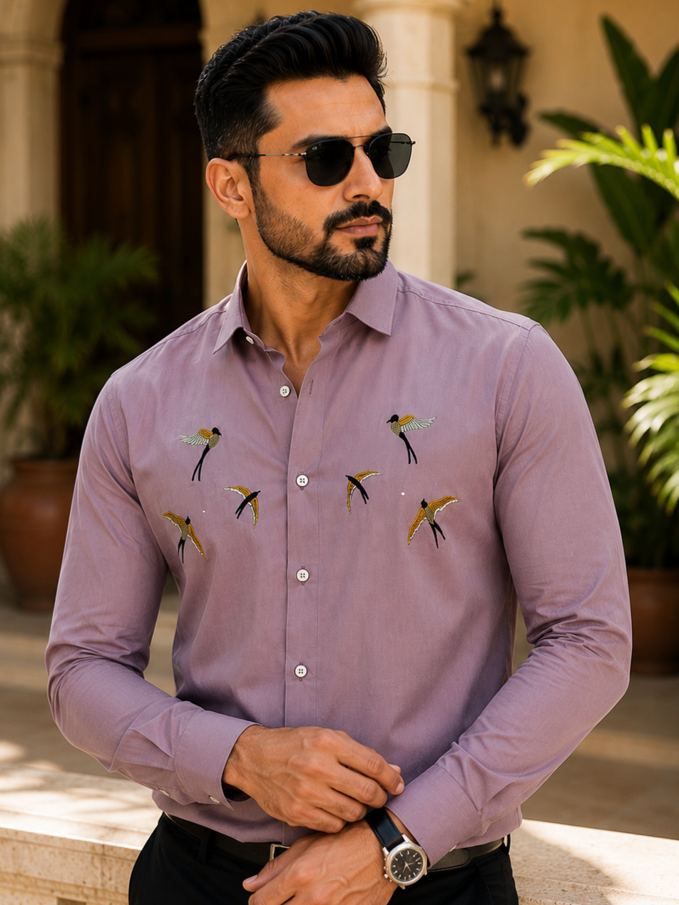 MAGENTO BIRDS EMBROIDERED DESIGNER SATIN COTTON SHIRT MEN'S