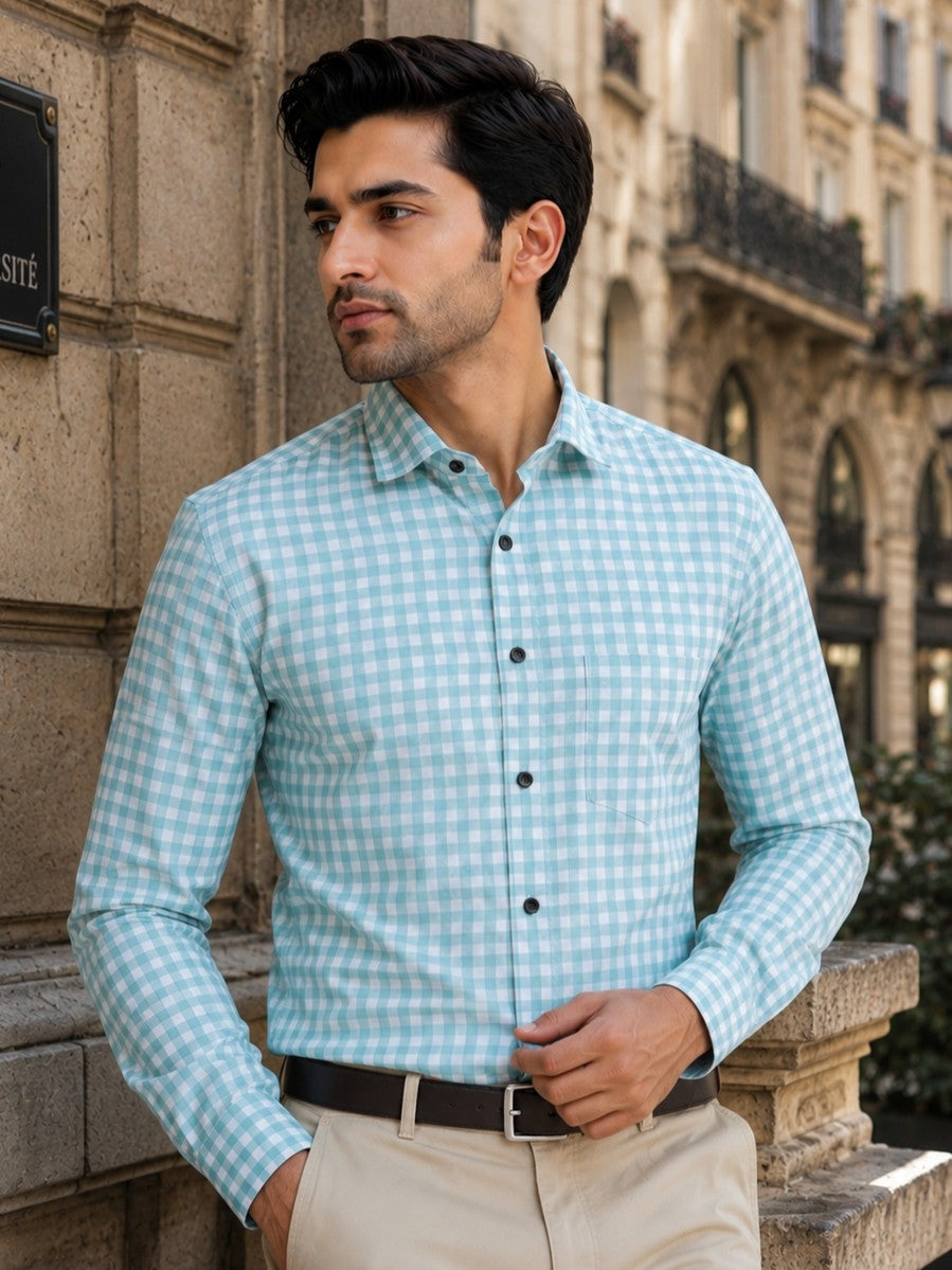 CYAN CHECKS PRINTED COTTON CASUAL SHIRT FOR MEN'S