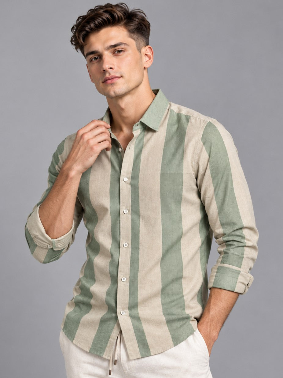 Men's Green Big Striped Formal, Casual Shirt