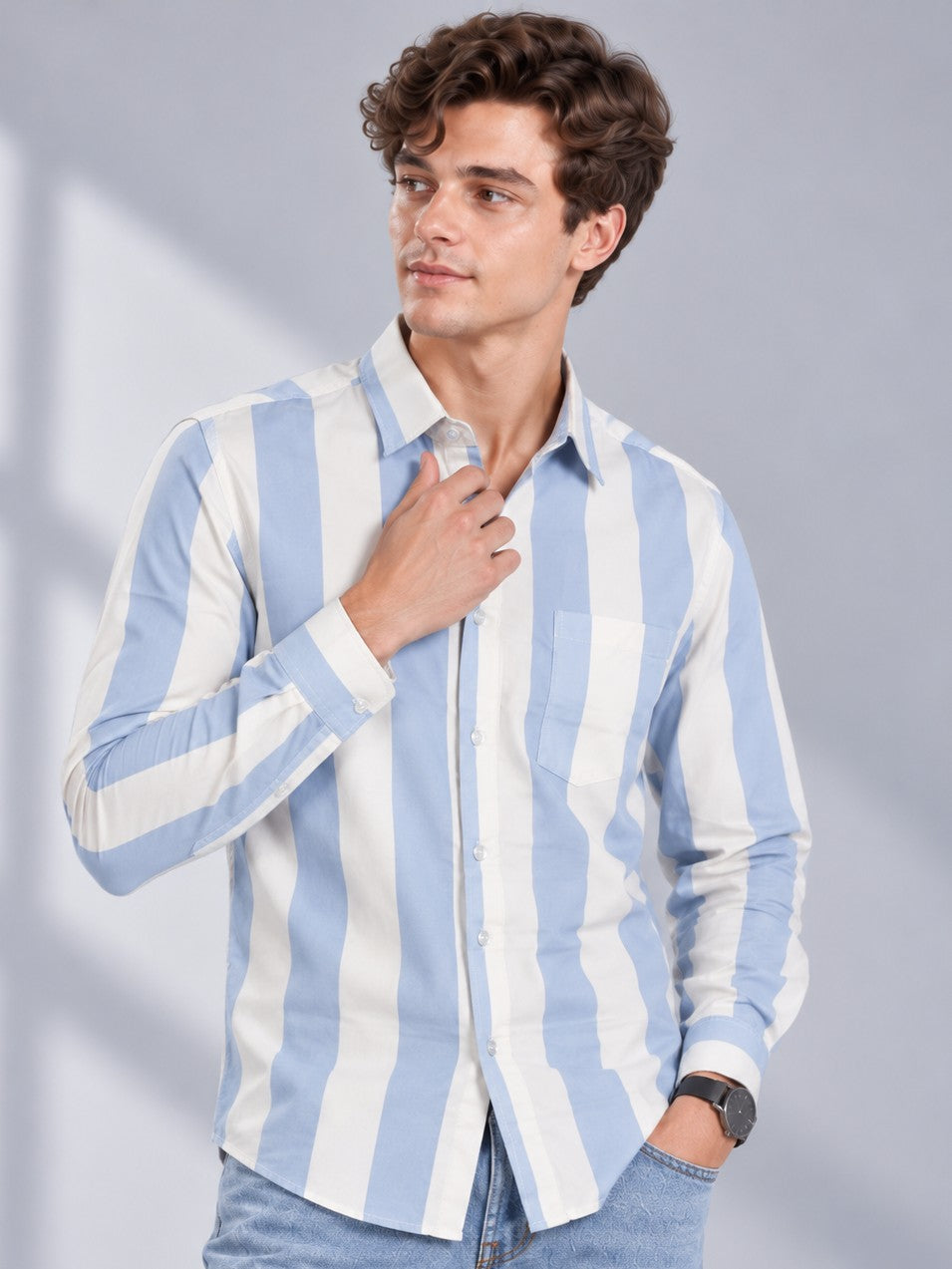 Men Sky Blue Striped Regular Fit Formal, Casual Wear Shirt