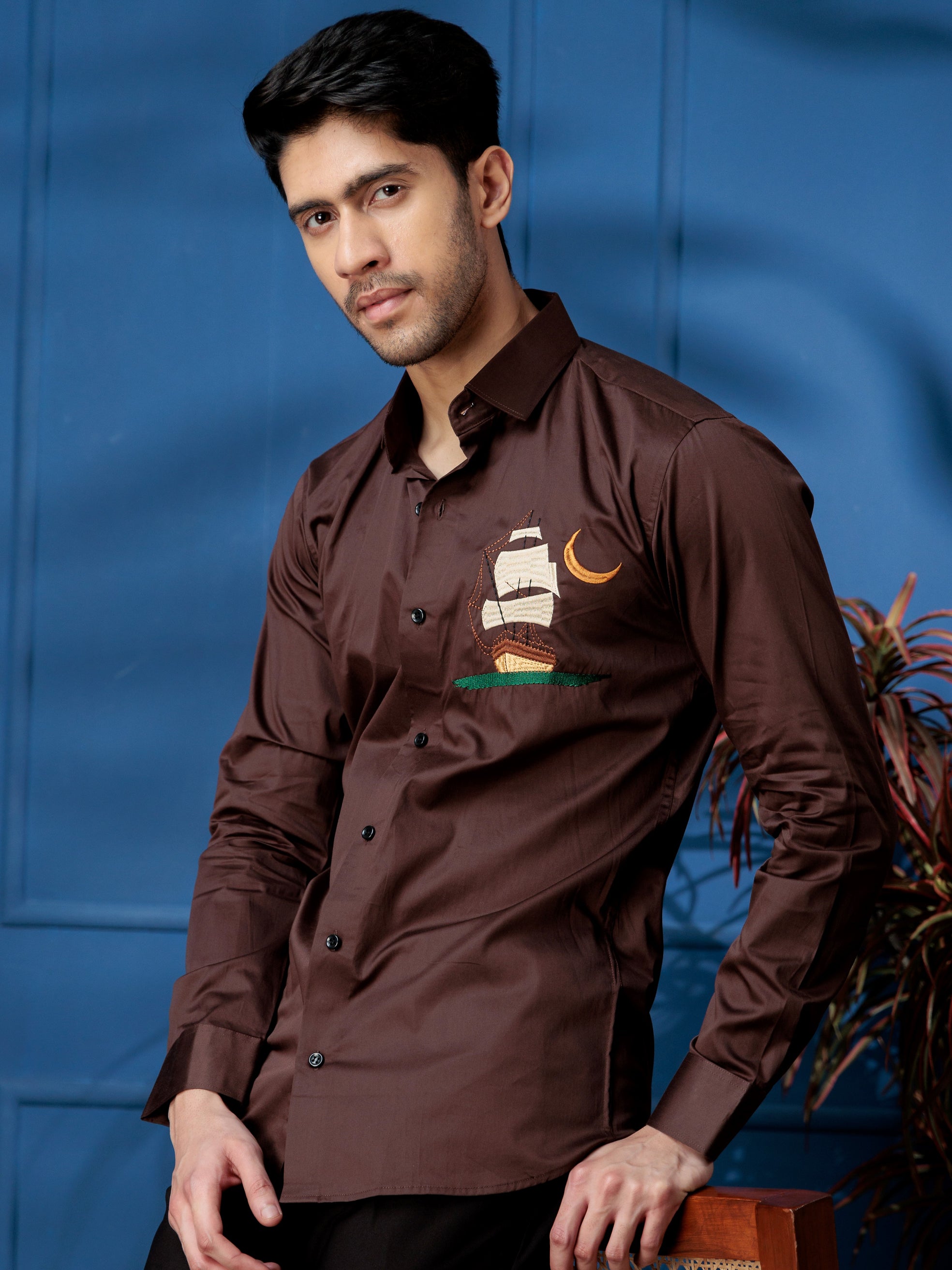FOOMER BROWN BOAT EMBROIDERED CLUB WEAR SATIN COTTON SHIRT