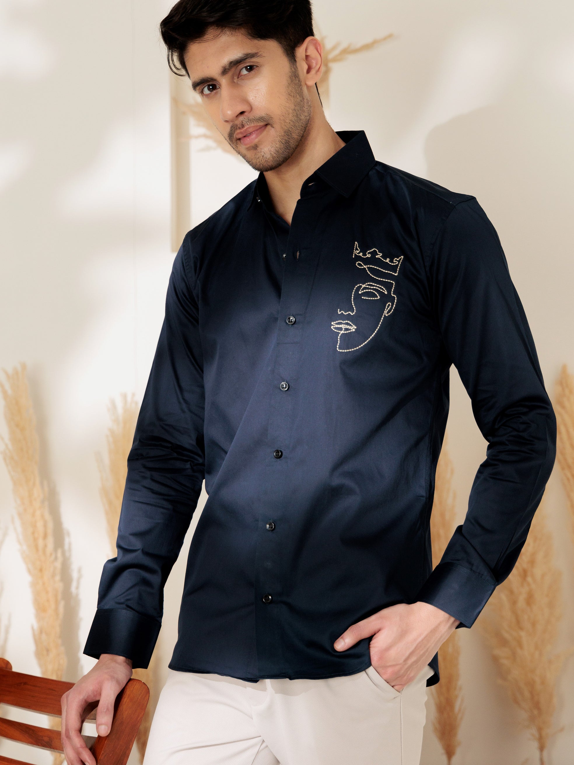 FOOMER NAVY LINE EMBROIDERED DESIGNER WEAR SATIN COTTON SHIRT FOR MEN