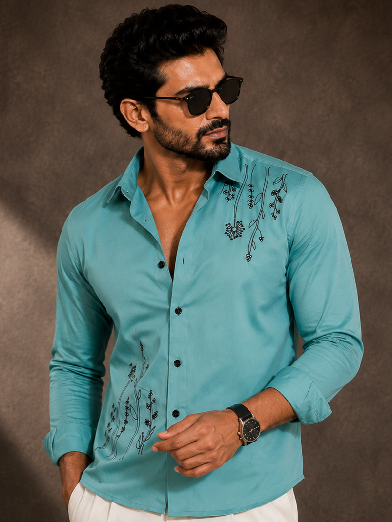 CYAN EMBROIDERED DESIGNER SATIN COTTON SHIRT MEN'S