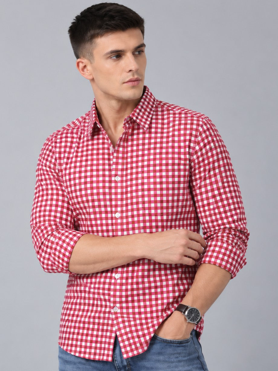 Men Premium Maroon Regular Fit Checked Formal, Casual Shirt