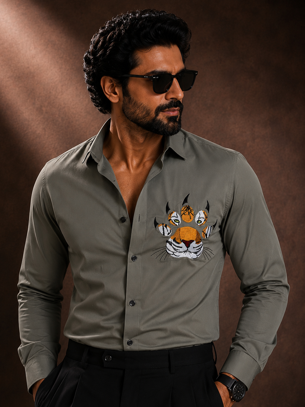 GREEN EMBROIDERED DESIGNER SATIN COTTON SHIRT MEN'S