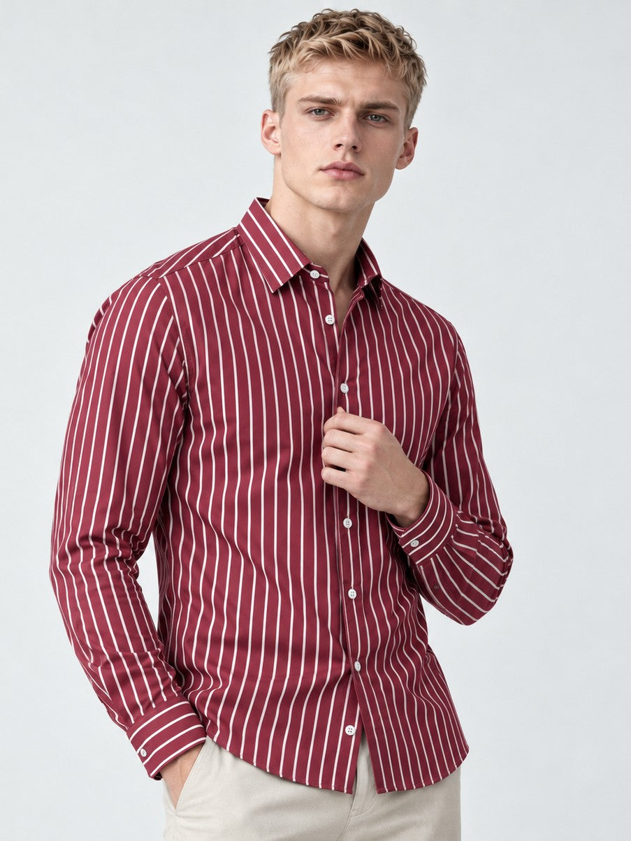 Men Classic Maroon Striped Formal, Casual Wear Shirt