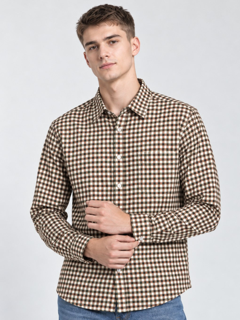 Men Premium Brown Regular Fit Checked Formal, Casual Shirt