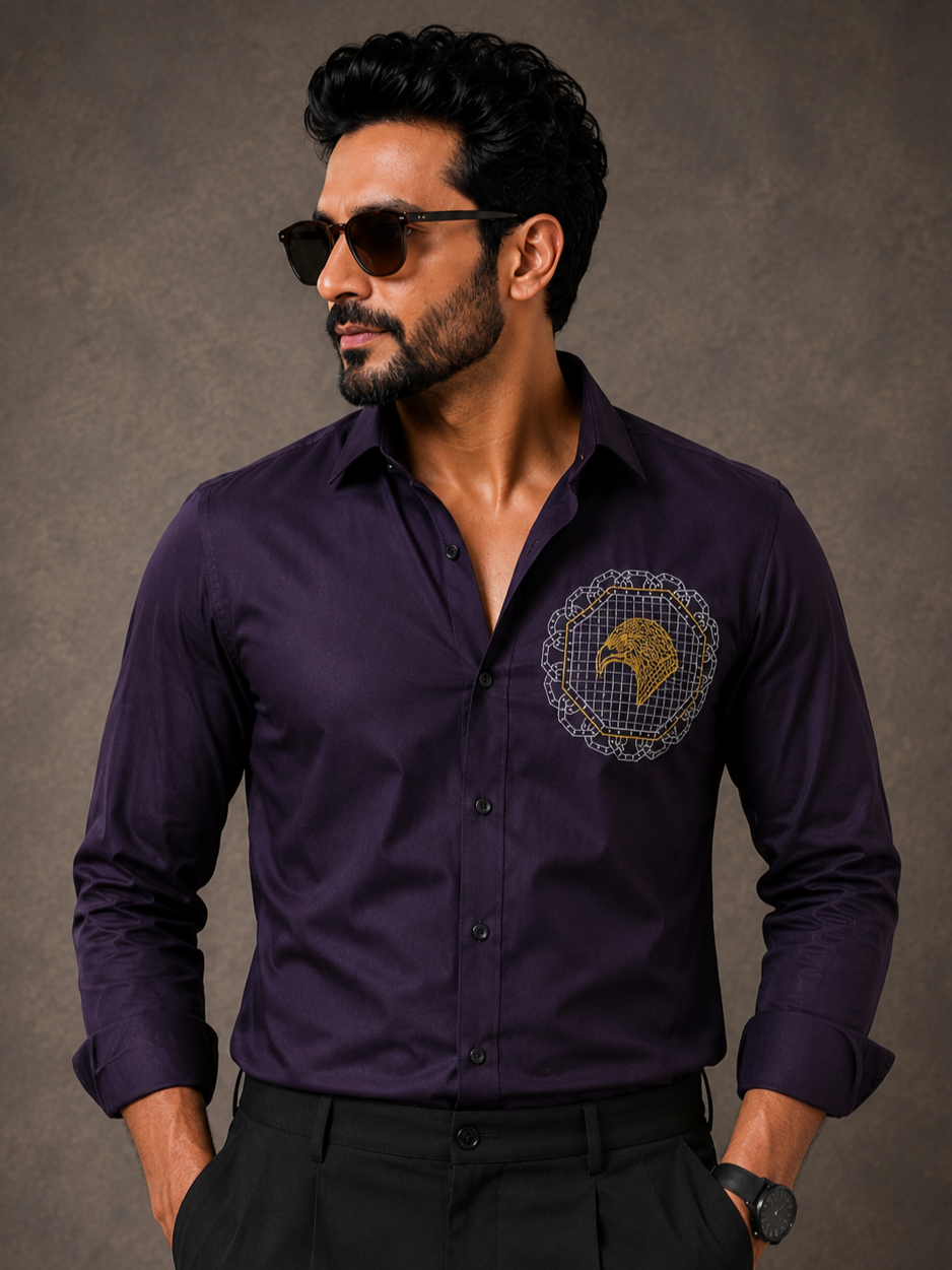 DARK PURPLE EMBROIDERED DESIGNER SATIN COTTON SHIRT MEN'S