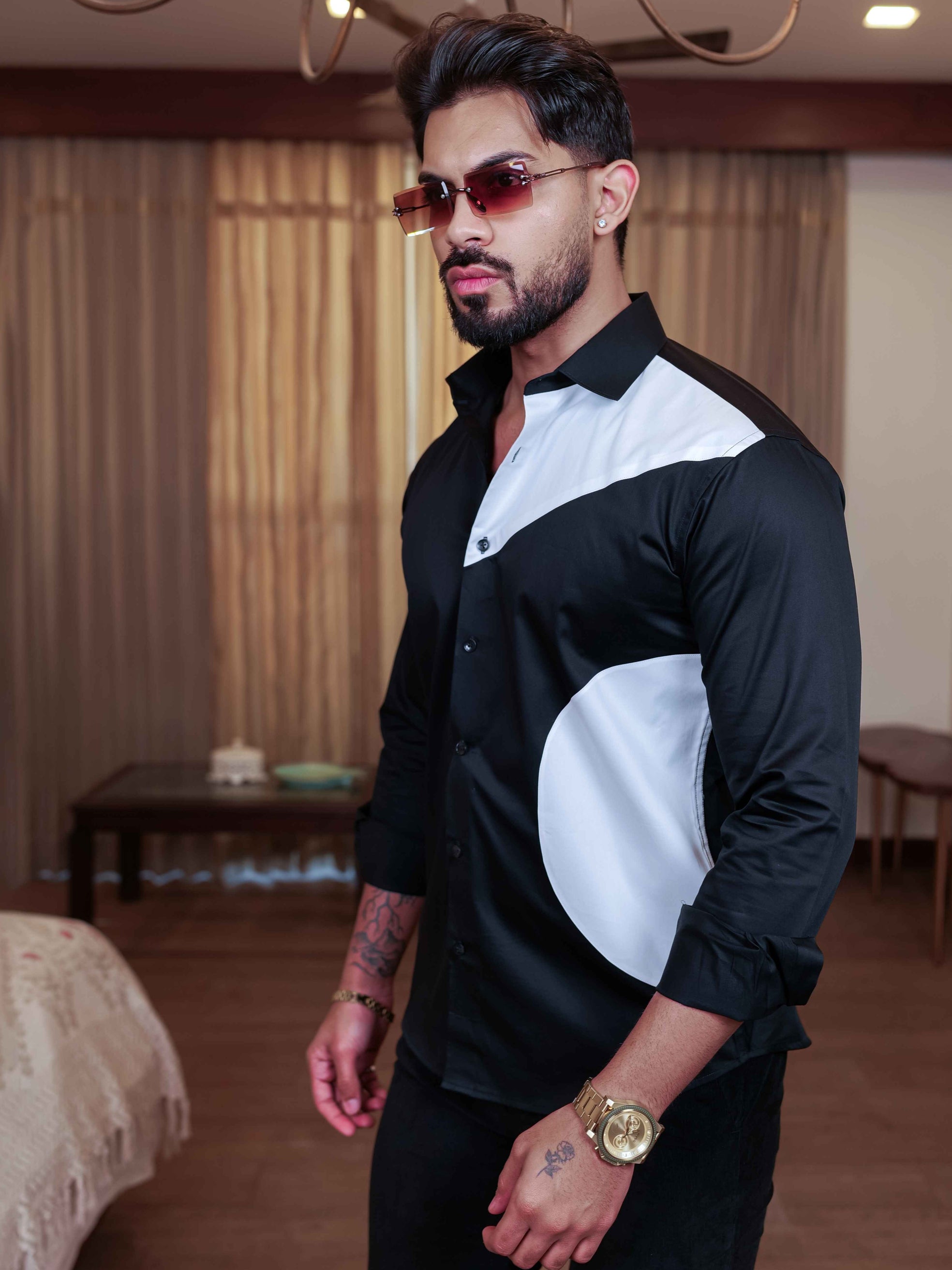 FOOMER BLACK AND WHITE CUT N SEW DESIGNER SHIRT FOR MEN'S