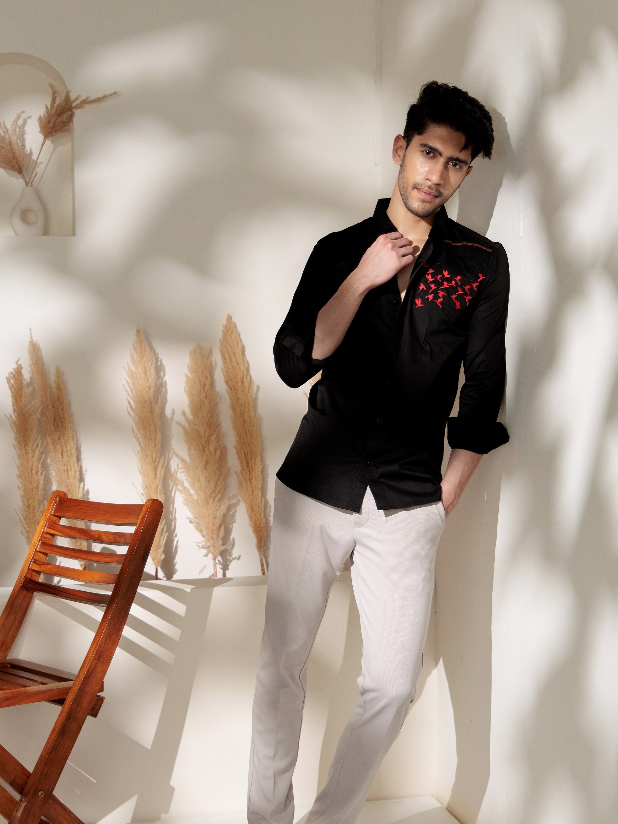 FOOMER BLACK EMBROIDERED DESIGNER WEAR SATIN COTTON SHIRT FOR MEN