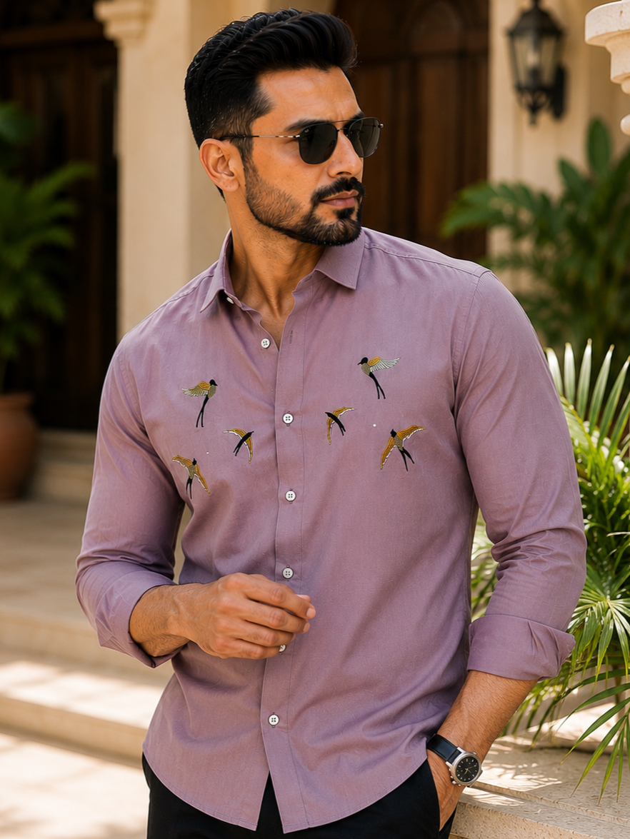 MAGENTO BIRDS EMBROIDERED DESIGNER SATIN COTTON SHIRT MEN'S