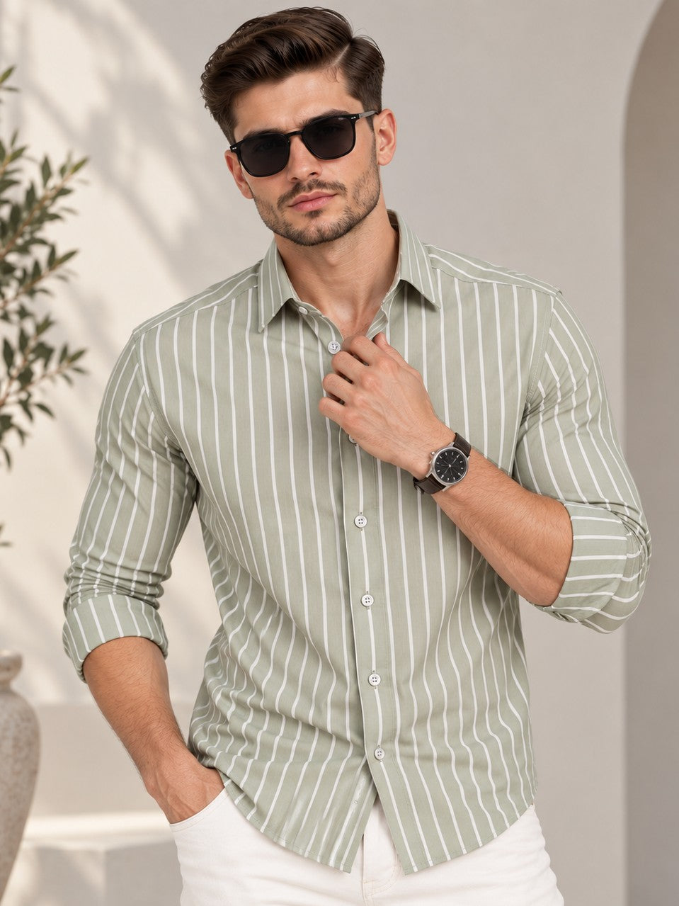 Men Classic Light Green Striped Formal, Casual Wear Shirt