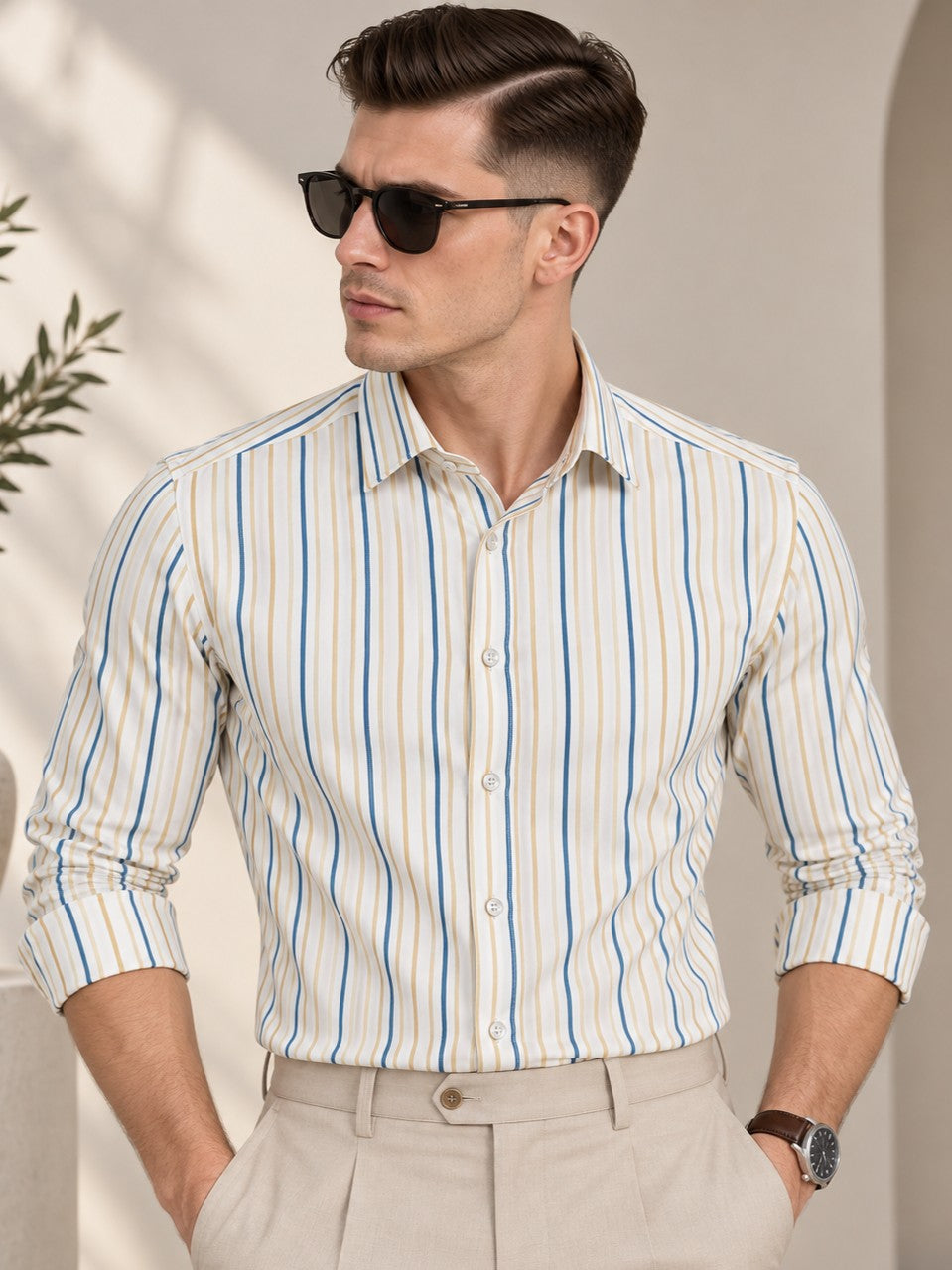 Men Classic Beige Striped Formal, Casual Wear Shirt