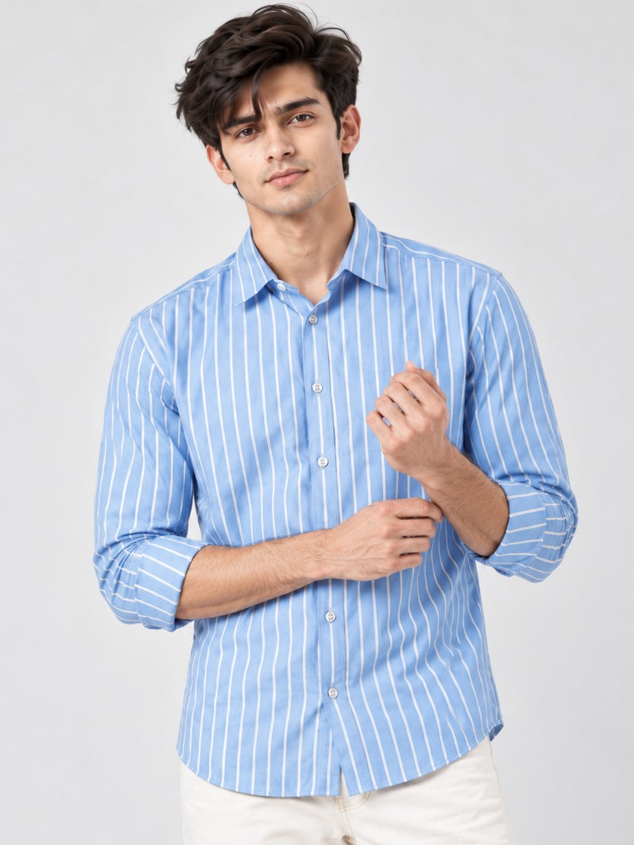 Men Classic Sky Blue Striped Formal, Casual Wear Shirt